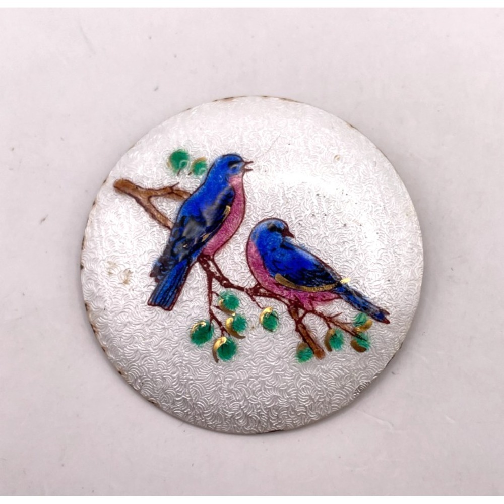 Vintage Unsigned Guilloche Enamel Bluebird Round Brooch Pin White Blue